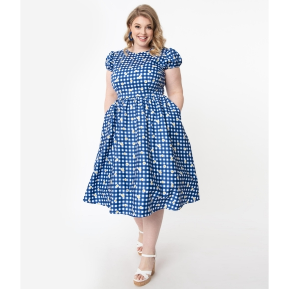 Collectif Dresses & Skirts - Collectif Demira Blue Gingham Daisy Swing Dress
